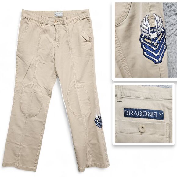 Dragonfly Militant Series Pants Mens 33x31‎ Beige Stitched Knee Skull USA RARE - Picture 1 of 16